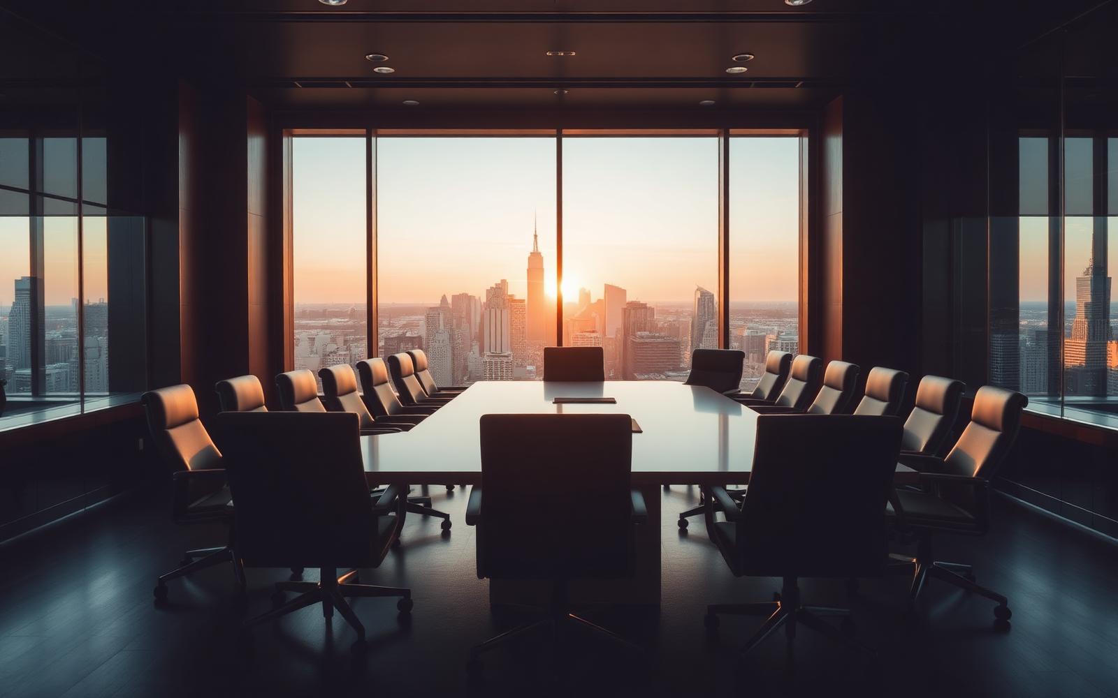 Executive boardroom overlooking a city skyline